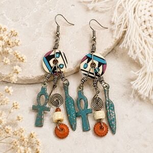 Boho Tribal Dangle Earrings | Ankh Symbol Southwestern Statement Earrings